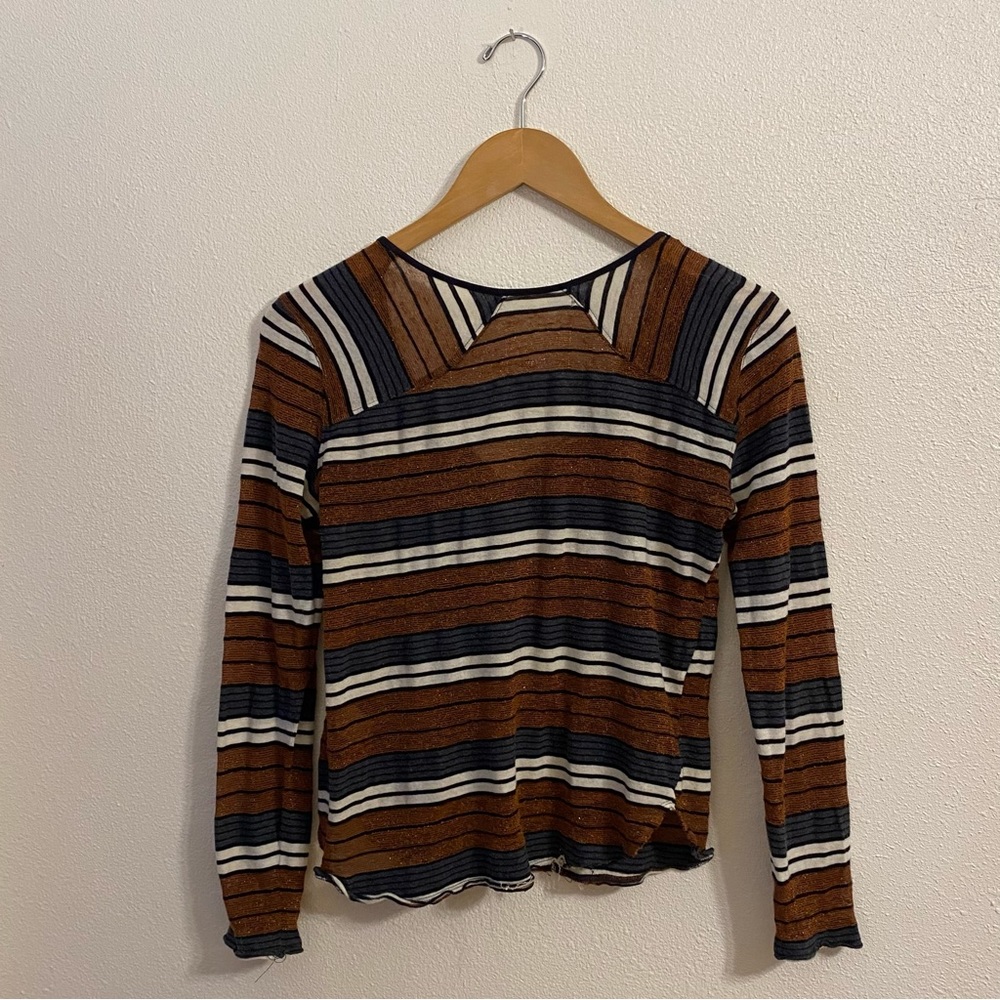 Free People Distressed Metallic Gold & Grey Strip Baseball Tee XS - Picture 4 of 4